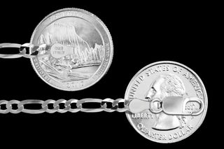 Superior Silver 4.5mm flat figaro chain in 925 sterling silver with a lobster clasp, shown against US quarters.