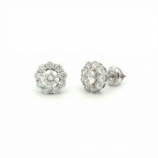 Superior Silver round flower halo moissanite stud earrings in 925 sterling silver, detail