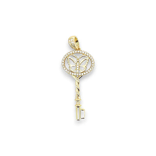 Superior Silver gold-plated sterling silver key pendant featuring a butterfly motif and sparkling cubic zirconia stones.
