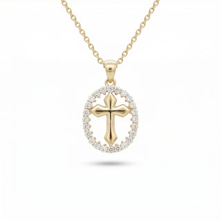 Superior Silver gold vermeil gothic cross pendant featuring a pavé moissanite oval halo on a delicate chain