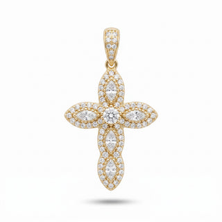 Superior Silver 14k gold plated sterling silver cross pendant featuring marquise and round cubic zirconia stones.