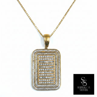 Superior Silver 10K yellow gold dog tag pendant featuring 2 carats of baguette and round cut natural diamonds.