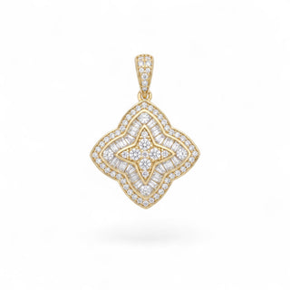 Superior Silver gold-plated sterling silver quatrefoil floral pendant with baguette and round cubic zirconia stones.