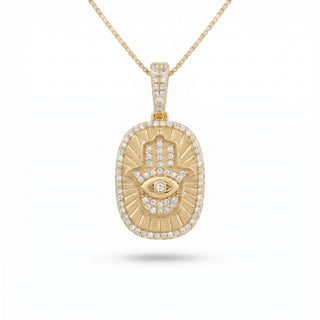 Superior Silver gold vermeil oval hamsa medallion pendant featuring a moissanite evil eye and pavé halo setting.