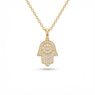 Superior Silver gold vermeil hamsa hand pendant with pavé VVS moissanite and a central evil eye medallion.