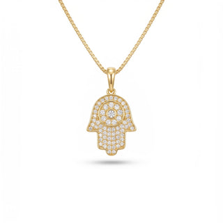 Superior Silver gold vermeil hamsa hand pendant with pavé VVS moissanite stones and a central evil eye design