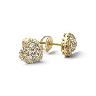 Superior Silver heart-shaped moissanite cluster stud earrings with pavé halo in gold vermeil and threaded screw backs.