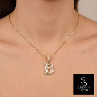 Superior Silver gold initial B pendant necklace featuring pave-set cubic zirconia stones on a delicate gold chain