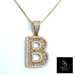 Superior Silver gold initial B pendant featuring pave-set cubic zirconia stones on a gold-plated sterling silver base.