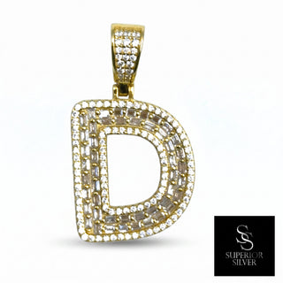 Superior Silver gold initial D pendant featuring pave-set cubic zirconia stones in a block letter design.