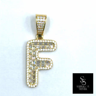 Superior Silver gold initial F pendant featuring pave-set cubic zirconia stones in a block letter design