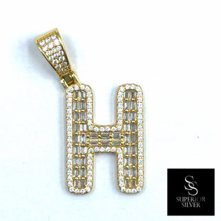 Superior Silver gold initial H pendant featuring pave-set cubic zirconia stones in a block letter design.