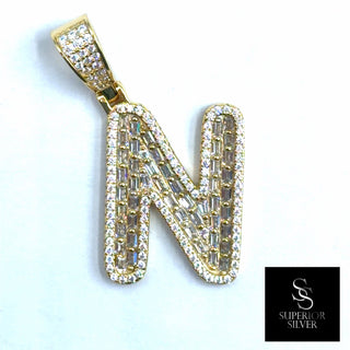 Superior Silver gold initial N pendant featuring pave-set baguette and round cubic zirconia stones on sterling silver