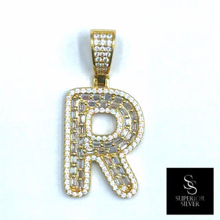 Superior Silver gold initial R pendant featuring baguette and round cubic zirconia stones in a block letter design