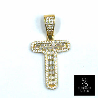 Superior Silver letter T pendant in 14kt gold over sterling silver with pave-set baguette and round cubic zirconia