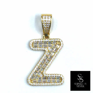 Superior Silver gold initial Z pendant featuring pave-set cubic zirconia stones in a block letter design