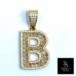 Superior Silver block letter B pendant in 14kt gold over sterling silver with pave-set cubic zirconia stones