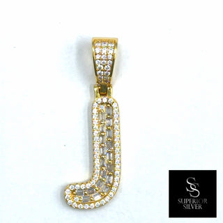 Superior Silver letter J pendant in 14kt gold over sterling silver with pave-set cubic zirconia stones