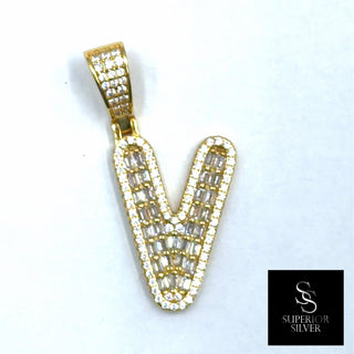 Superior Silver letter V pendant in 14kt gold over sterling silver with pave-set cubic zirconia stones