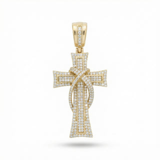 Superior Silver iced out gold vermeil cross pendant with 1.3ct VVS moissanite stones in a micro pave setting.