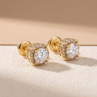 Superior Silver 7mm round moissanite halo stud earrings in gold vermeil with secure threaded screw backs.