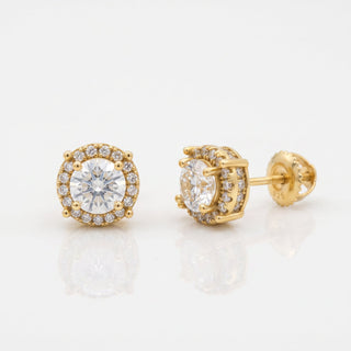 Superior Silver 7mm round moissanite halo stud earrings in gold vermeil over sterling silver with screw-on backs.