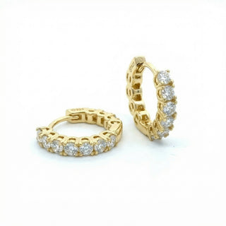 Superior Silver gold vermeil eternity hoop earrings featuring VVS D color moissanite stones in 925 sterling silver.