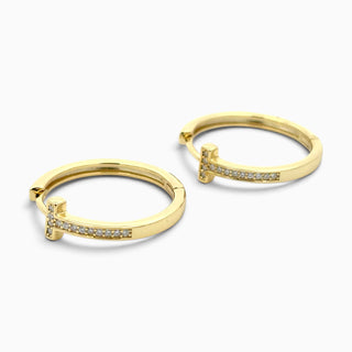 Superior Silver gold vermeil huggie hoop earrings featuring a pavé moissanite T-bar design on a slim 18mm hoop.