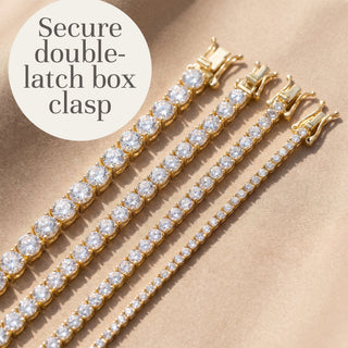 Superior Silver gold moissanite tennis bracelets in various widths with secure double-latch box clasps on silk fabric
