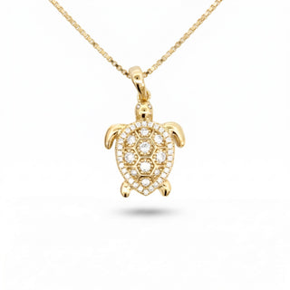 Superior Silver gold vermeil turtle pendant featuring a 0.5ct VVS moissanite stone on a dainty box chain