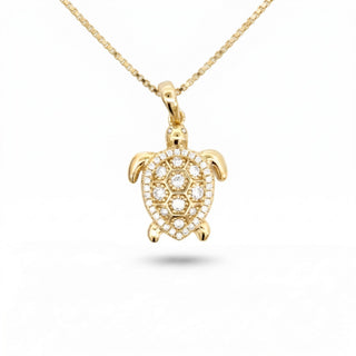 Superior Silver gold vermeil turtle pendant featuring a 0.5ct VVS moissanite stone on a dainty box chain