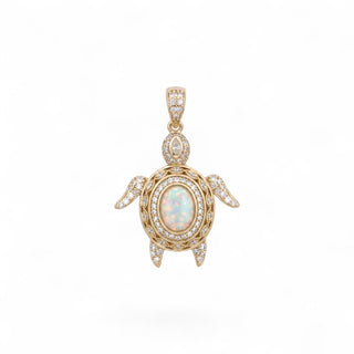 Superior Silver gold-plated turtle pendant featuring an oval opal center stone and sparkling cubic zirconia accents.