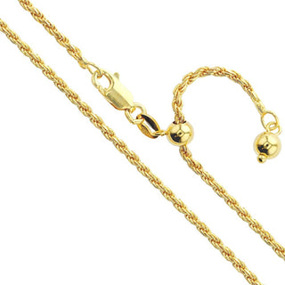 Superior Silver 2mm rope chain necklace in 14kt gold plated 925 sterling silver with an adjustable sliding clasp