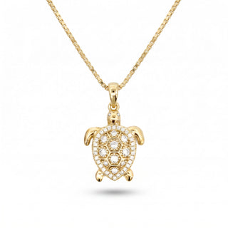 Superior Silver gold vermeil turtle pendant featuring 0.5ct VVS moissanite stones on a dainty box chain
