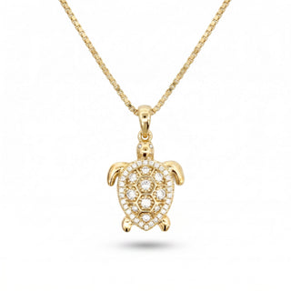 Superior Silver gold vermeil turtle pendant featuring 0.5ct VVS moissanite stones on a dainty box chain