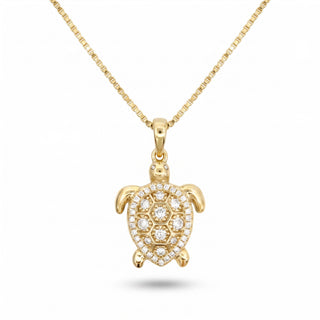 Superior Silver gold vermeil turtle pendant featuring 0.5ct VVS moissanite stones on a dainty box chain