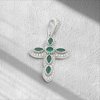 Superior Silver 925 sterling silver cross pendant featuring marquise-cut green and round white cubic zirconia stones.