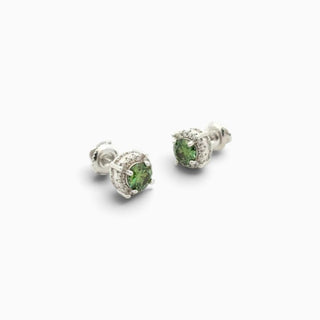 Superior Silver 7mm round light green moissanite halo stud earrings in rhodium-plated sterling silver with screw backs