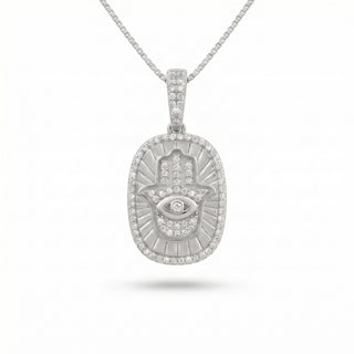 Superior Silver oval hamsa medallion pendant in sterling silver with pavé moissanite and a central evil eye detail.