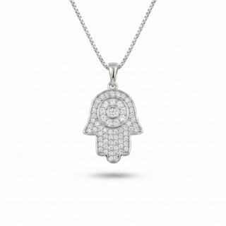 Superior Silver iced-out Hamsa hand pendant in 925 sterling silver with VVS moissanite stones and evil eye detail.