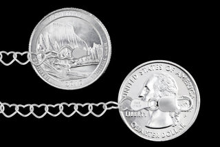 Superior Silver 5.4mm heart link bracelet in 925 sterling silver with a lobster clasp, shown next to US quarters.