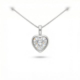 Superior Silver heart-shaped moissanite pendant in a sterling silver bezel setting on a delicate chain.