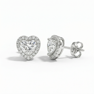 Heart Shaped Halo Stud Earrings VVS Moissanite 925 Sterling Silver or Gold Vermeil
