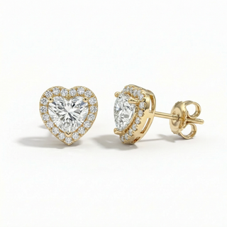 Heart Shaped Halo Stud Earrings VVS Moissanite 925 Sterling Silver or Gold Vermeil