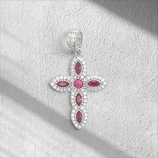 Superior Silver sterling silver cross pendant featuring hot pink marquise cubic zirconia stones and clear CZ accents.