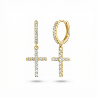 Gold cross earrings with diamond accents on a white background