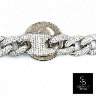 Superior Silver 14.5mm iced Figaro Gucci link bracelet in 925 sterling silver with pavé cubic zirconia stones