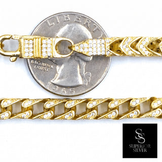 Superior Silver 5.5mm Franco link chain in 14kt yellow gold over sterling silver, fully iced with cubic zirconia.