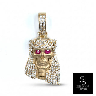 Superior Silver 14K yellow gold Jesus skull pendant featuring 2.11ct natural diamonds and genuine ruby eyes.