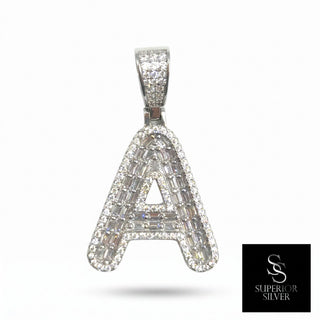Superior Silver block initial letter A pendant in 925 sterling silver with pave-set cubic zirconia stones.